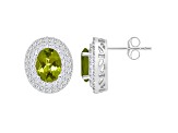 8x6mm Oval Peridot And White Topaz Accent Rhodium Over Sterling Silver Double Halo Stud Earrings