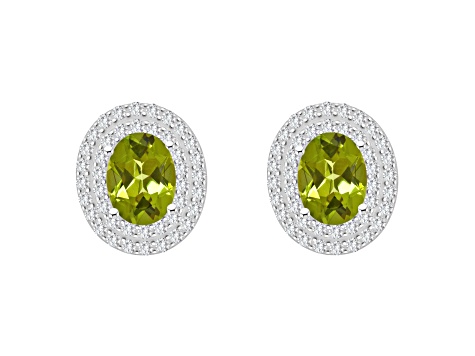 8x6mm Oval Peridot And White Topaz Accent Rhodium Over Sterling Silver Double Halo Stud Earrings