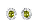 8x6mm Oval Peridot And White Topaz Accent Rhodium Over Sterling Silver Double Halo Stud Earrings