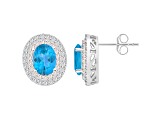 8x6mm Oval Swiss Blue Topaz And White Topaz Rhodium Over Sterling Silver Double Halo Stud Earrings