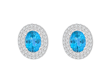 8x6mm Oval Swiss Blue Topaz And White Topaz Rhodium Over Sterling Silver Double Halo Stud Earrings