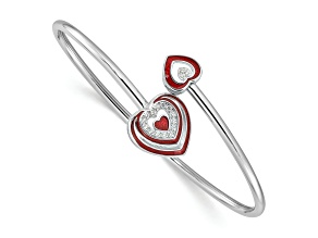 Rhodium Over Sterling Silver Cubic Zirconia Red Enamel Heart Flexible Cuff Bangle Bracelet
