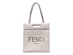 Fendi Light Gray Calfskin Leather Tote with Fendi Roma Logo on Front