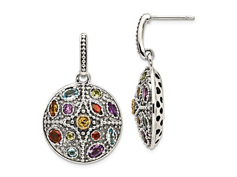 Sterling Silver with 14K Accent Antiqued Multi Gemstone Post Dangle Earrings