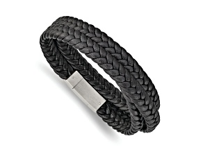 Black Braided Leather and Stainless Steel Brushed 23-inch Wrap Bracelet