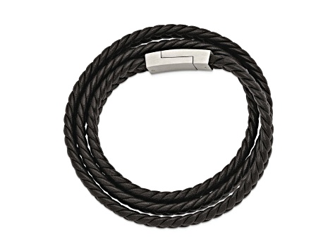 Black Braided Leather and Stainless Steel Brushed 23-inch Wrap Bracelet
