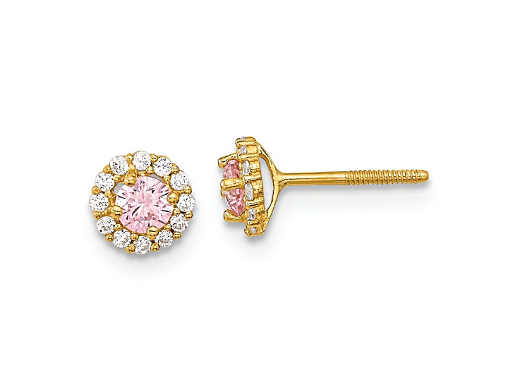 14k Yellow Gold Polished 5.35mm Pink and Clear Cubic Zirconia Stud Earrings