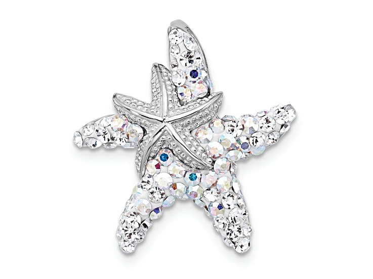 Rhodium Over Sterling Silver Polished Crystal Starfish Pendant Chain ...