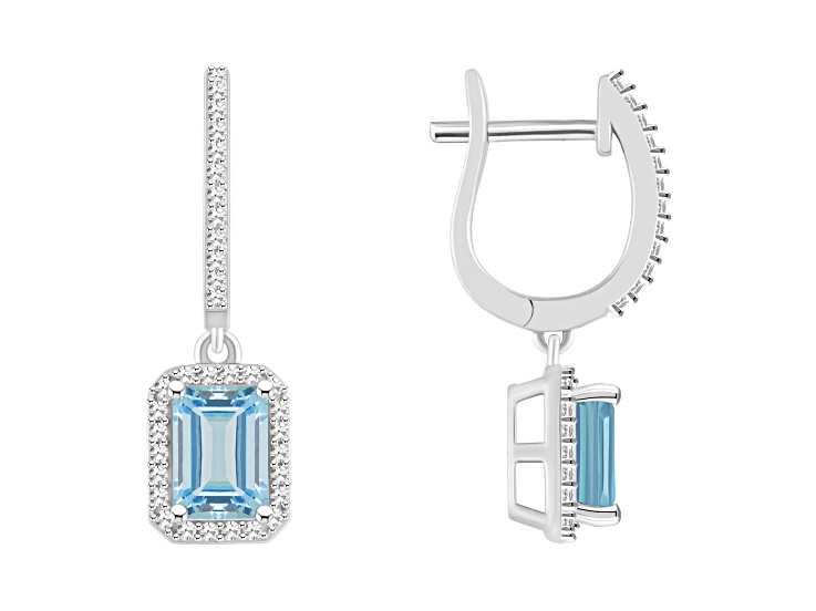 7x5mm Emerald Cut Aquamarine 1/3 ctw Diamond Rhodium Over Sterling Silver Halo Dangle Earrings