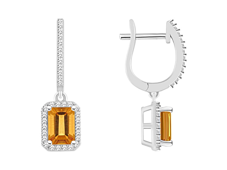 7x5mm Emerald Cut Citrine 1/3 ctw Diamond Rhodium Over Sterling Silver Halo Dangle Earrings