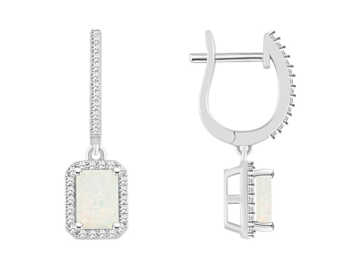 7x5mm Emerald Cut Opal 1/3 ctw Diamond Rhodium Over Sterling Silver Halo Dangle Earrings