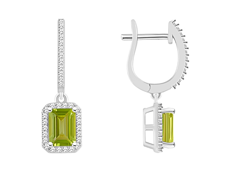 7x5mm Emerald Cut Peridot 1/3 ctw Diamond Rhodium Over Sterling Silver Halo Dangle Earrings
