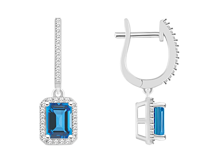 7x5mm Emerald Cut Blue Topaz 1/3 ctw Diamond Rhodium Over Sterling Silver Halo Dangle Earrings