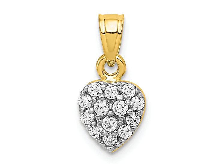 10k Yellow Gold and Rhodium Over 10k Yellow Gold Cubic Zirconia Cluster Heart Charm
