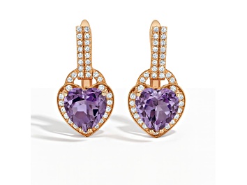 Picture of Purple Amethyst and White Topaz 10K Rose Gold Over Silver Heart Drop Earrings