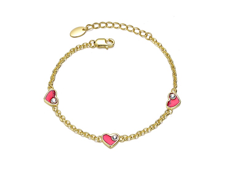 Clear Cubic Zirconia, 14K Gold Plated over Sterling Silver with Red Heart Charm Bracelet for Kids