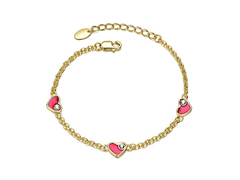 Clear Cubic Zirconia, 14K Gold Plated over Sterling Silver with Red Heart Charm Bracelet for Kids