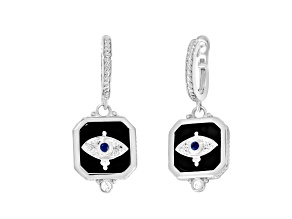 Judith Ripka Black Onyx With Blue Sapphire Rhodium Over Sterling Silver Dangle Earrings  0.06ctw