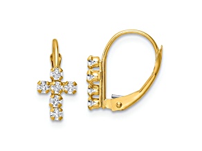 14k Yellow Gold Cubic Zirconia Polished Cross Dangle Earrings