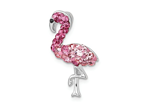 Rhodium Over Sterling Silver Polished Pink Crystal Flamingo Chain Slide