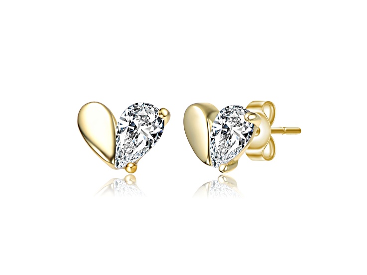 Clear Cubic Zirconia, 14K Gold Plated over Sterling Silver Heart Stud Earrings for Kids