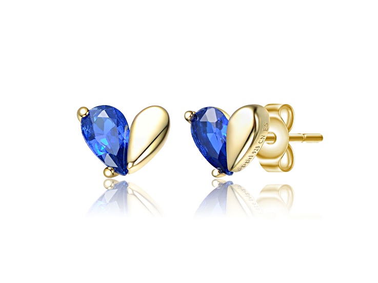 Sapphire Blue Cubic Zirconia, 14K Gold Plated over Sterling Silver Heart Stud Earrings for Kids