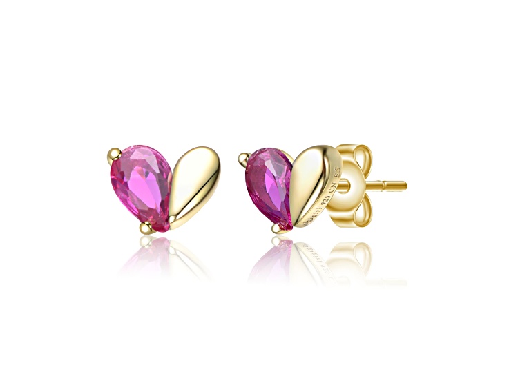 Pink Cubic Zirconia, 14K Gold Plated over Sterling Silver Heart Stud Earrings for Kids