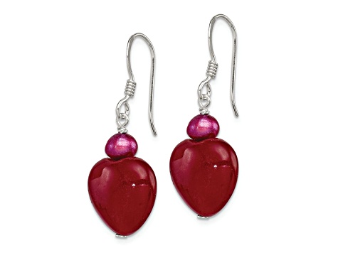 Sterling Silver Polished Red Freshwater Pearl and Red Jadeite Heart Dangle Earrings