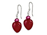 Sterling Silver Polished Red Freshwater Pearl and Red Jadeite Heart Dangle Earrings