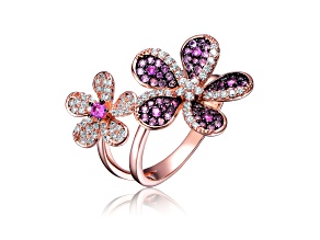 Pink Cubic Zirconia, Two-Tone 18k Rose Gold Plated and Black Plated Floral Ring