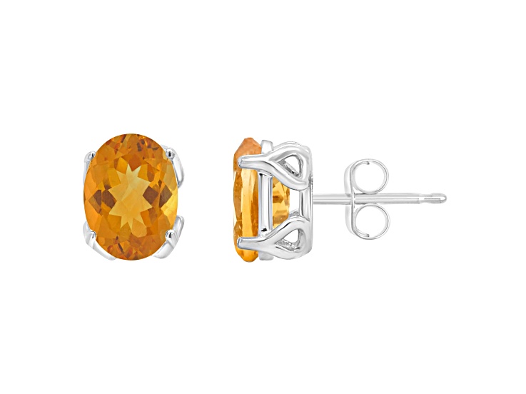 8x6mm Oval Citrine Rhodium Over Sterling Silver Stud Earrings