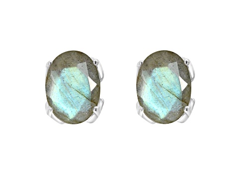 8x6mm Oval Labradorite Rhodium Over Sterling Silver Stud Earrings