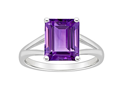 10x8mm Emerald Cut Amethyst Rhodium Over Sterling Silver Ring