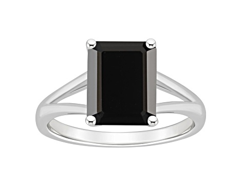 10x8mm Emerald Cut Black Onyx Rhodium Over Sterling Silver Ring