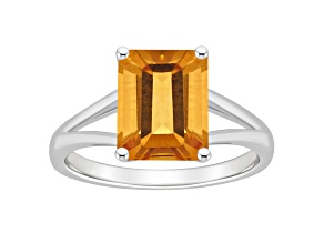 10x8mm Emerald Cut Citrine Rhodium Over Sterling Silver Ring