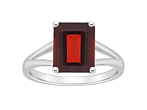 10x8mm Emerald Cut Garnet Rhodium Over Sterling Silver Ring