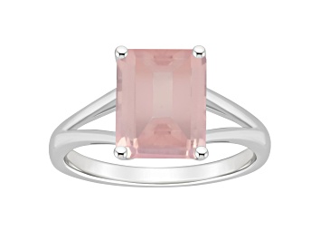Picture of 10x8mm Emerald Cut Rose Quartz Rhodium Over Sterling Silver Ring