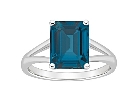 10x8mm Emerald Cut London Blue Topaz Rhodium Over Sterling Silver Ring