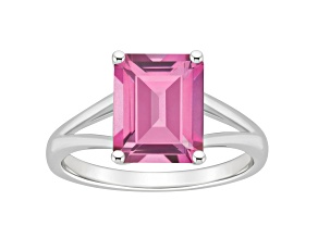 10x8mm Emerald Cut Pink Topaz Rhodium Over Sterling Silver Ring