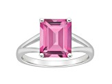 10x8mm Emerald Cut Pink Topaz Rhodium Over Sterling Silver Ring