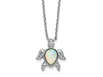 Picture of Rhodium Over Sterling Silver Lab Created Opal and Cubic Zirconia Turtle Necklace