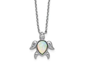 Rhodium Over Sterling Silver Lab Created Opal and Cubic Zirconia Turtle Necklace