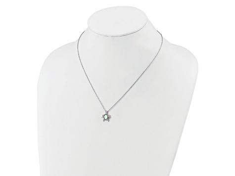 Rhodium Over Sterling Silver Lab Created Opal and Cubic Zirconia Turtle Necklace
