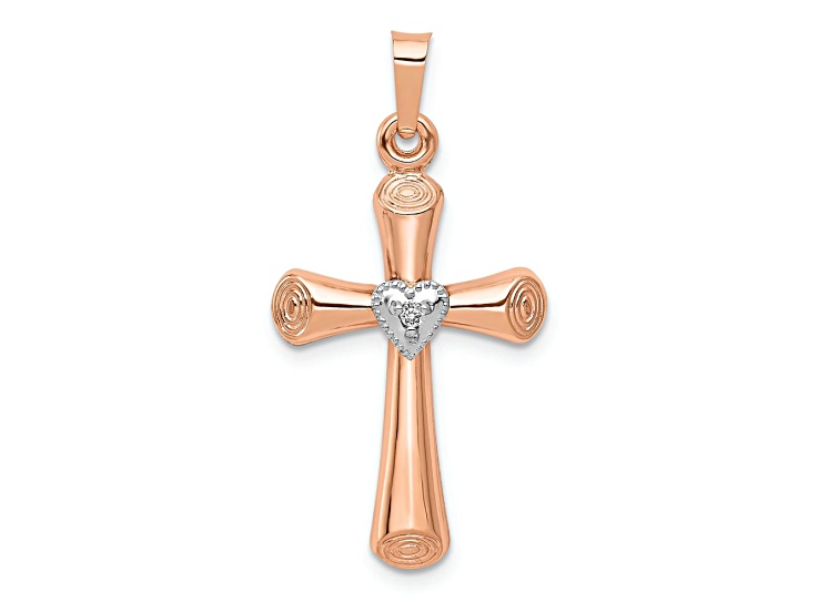 10k White Gold and 10k Rose Gold Polished Diamond Latin Heart Cross Pendant