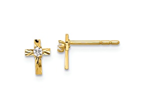 14k Yellow Gold Polished and Diamond-Cut Cubic Zirconia Cross Stud Earrings