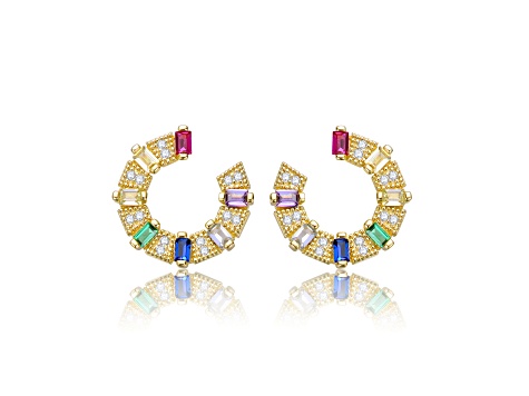 Colored Cubic Zirconia, 14k Gold Plated over Sterling Silver Front-Facing C-Hoop Earrings