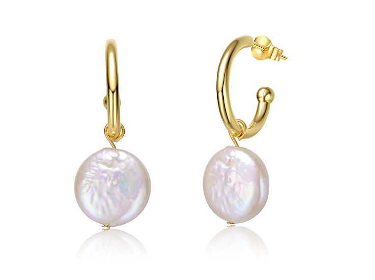 White Coin Freshwater Pearl, 14K Yellow Gold Plated over Sterling Silver Drop C-Hoop Earrings