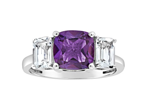 8mm Square Cushion Amethyst And White Topaz Rhodium Over Sterling Silver Ring