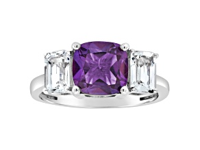 8mm Square Cushion Amethyst And White Topaz Rhodium Over Sterling Silver Ring