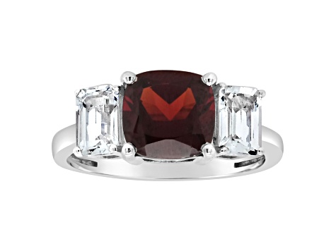8mm Square Cushion Garnet And White Topaz Rhodium Over Sterling Silver Ring